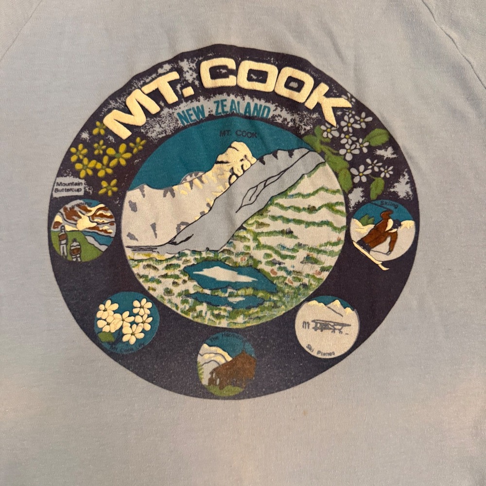 Vintage Mt Cook New Zealand Ringer T-Shirt Light Blue Raglan Single Stitch Small - Picture 4 of 7